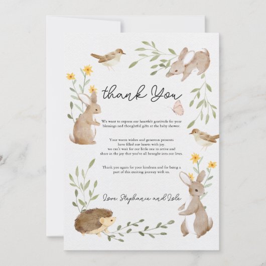 緑の森の動物ベビーシャワーサンキューカード 招待状 (正面)