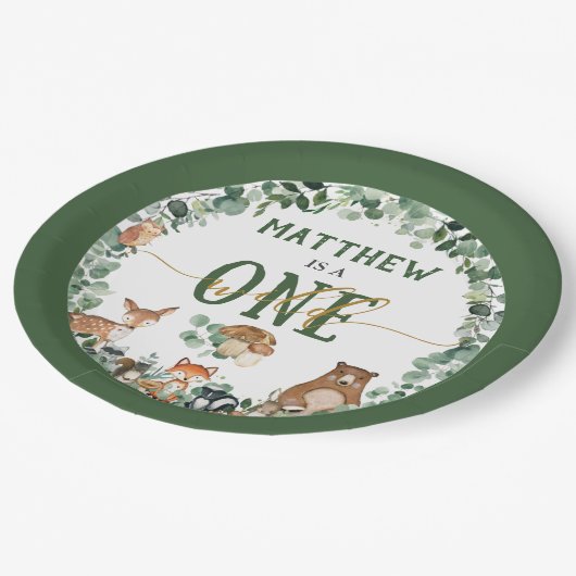 緑の森の動物ワイルドワン1歳の誕生日パ ペーパープレート (アングル)