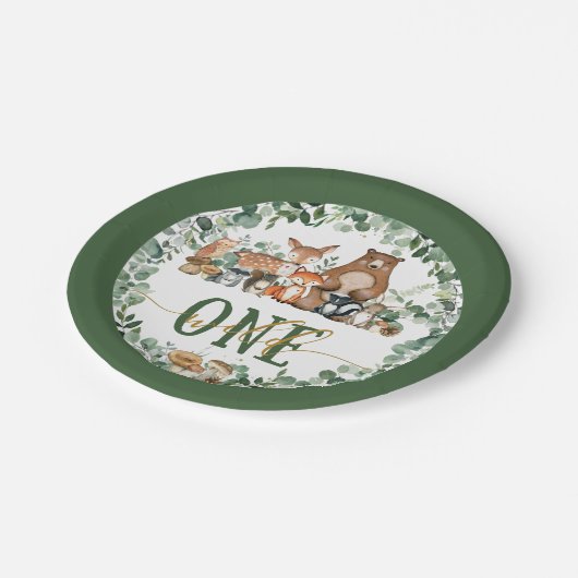 緑の森の動物ワイルドワン1歳の誕生日 ペーパープレート (アングル)