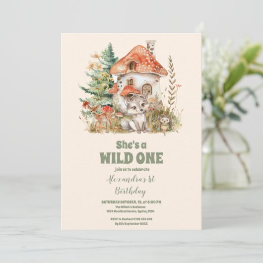 緑の森の動物ワイルドワン1歳の誕生日 招待状 (スタンド正面)