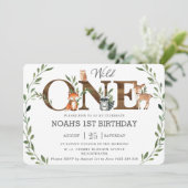 緑の森の動物ワイルドワン1歳の誕生日 招待状 (スタンド正面)