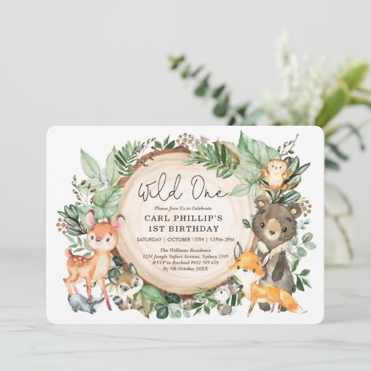 緑の森の動物ワイルドワン1歳の誕生日 招待状 (スタンド正面)
