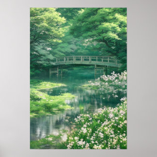 緑の森の古い木造の橋 ポスター