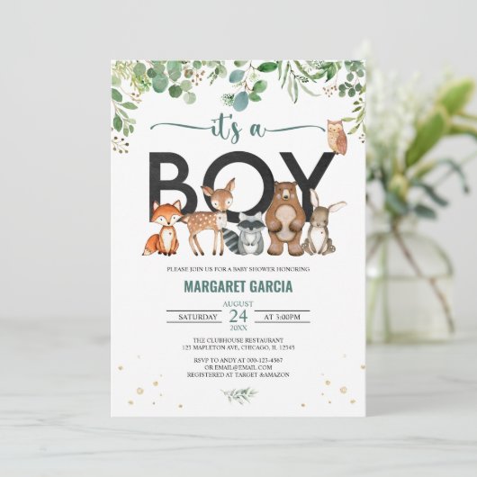 緑の森の小動物の赤ちゃんシャワー 招待状 (スタンド正面)