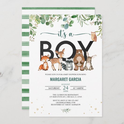 緑の森の小動物の赤ちゃんシャワー 招待状 (正面/裏面)