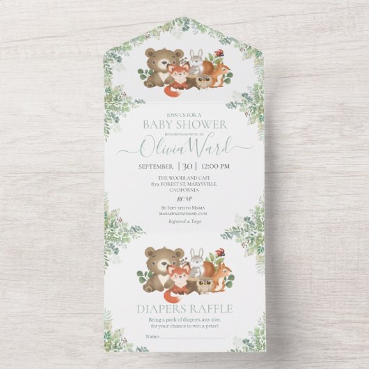 緑の森の森林動物の赤ちゃんシャワー オールインワン招待状 (内側)