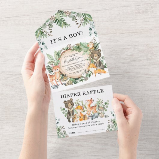 緑の森の森林動物の赤ちゃんシャワー オールインワン招待状 (貼ってはがせる)