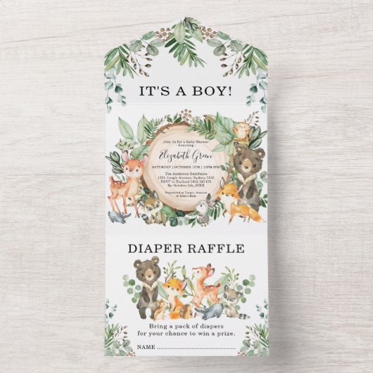 緑の森の森林動物の赤ちゃんシャワー オールインワン招待状 (内側)