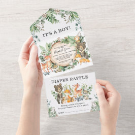 緑の森の森林動物の赤ちゃんシャワー オールインワン招待状