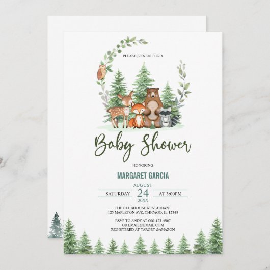緑の森の森林動物の赤ちゃんシャワー 招待状 (正面/裏面)