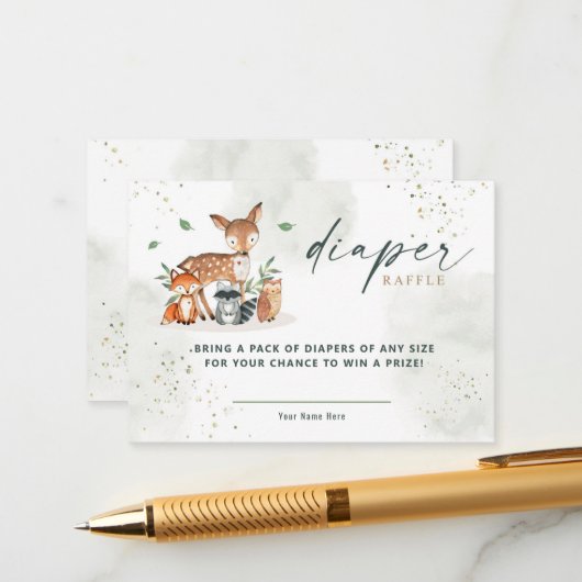 緑の森の赤ちゃんシャワーおむつラッフル エンクロージャーカード (正面/裏面インサイチュ)