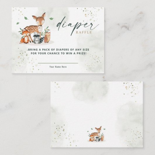 緑の森の赤ちゃんシャワーおむつラッフル エンクロージャーカード (正面/裏面)