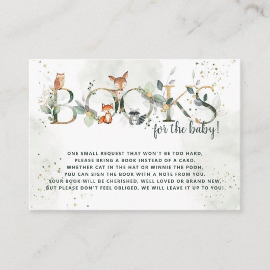緑の森の赤ちゃんシャワー本のためのベビー エンクロージャーカード (正面)
