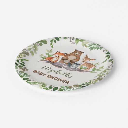 緑の森の赤ん坊の動物のシャワー最初の誕生日 ペーパープレート (アングル)