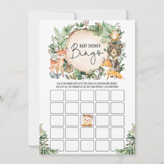 緑の森ビンゴボーイ赤ちゃんシャワーゲームカード 招待状 (正面)