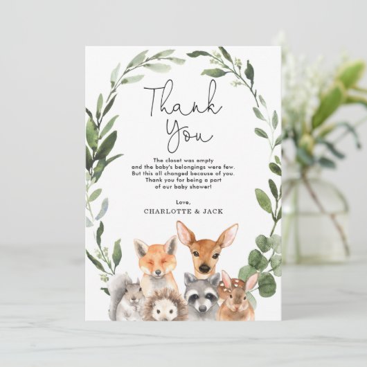 緑の森モダン（き）の動物のベビーシャワーが人気 サンキューカード (スタンド正面)