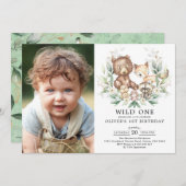 緑の森林に生き物たちが野生の1誕生日 招待状 (正面/裏面)