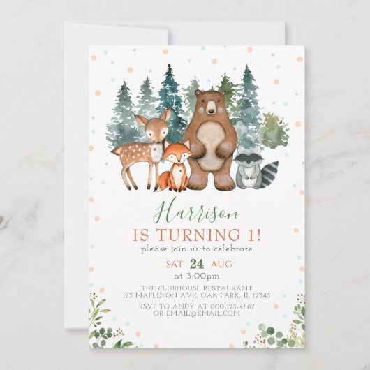 緑の森林の森林動物1歳誕生日 招待状 (正面)