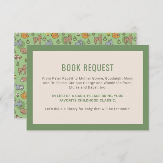 緑の森林動物のベビーシャワーブックの依頼 エンクロージャーカード (正面/裏面)