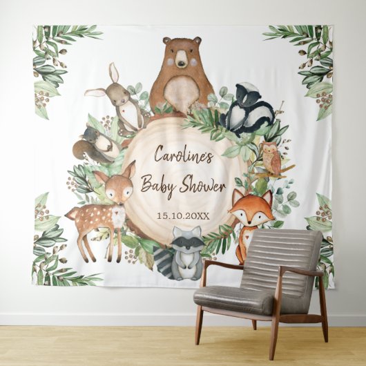 緑の森林動物の赤ちゃんシャワー タペストリー (インサイチュ(横))