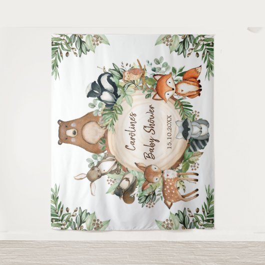 緑の森林動物の赤ちゃんシャワー タペストリー (正面)