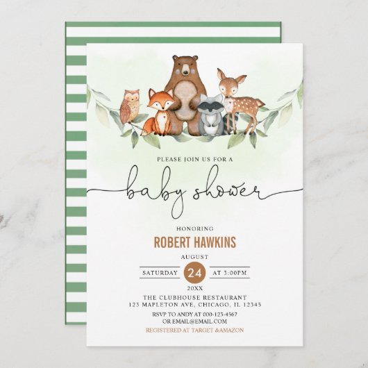 緑の森林動物の赤ちゃんシャワー 招待状 (正面/裏面)