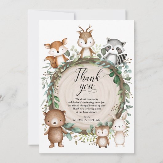 緑の森素朴（き）の動物のベビーシャワーが人気 サンキューカード (正面)