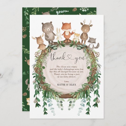緑の森(き素朴み)のベビー野生動物シャワー サンキューカード (正面/裏面)