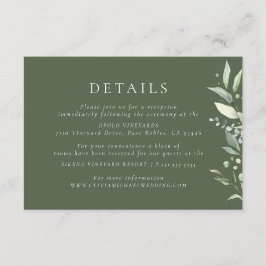 緑の植物の結婚詳細の囲いカード エンクロージャーカード (正面)