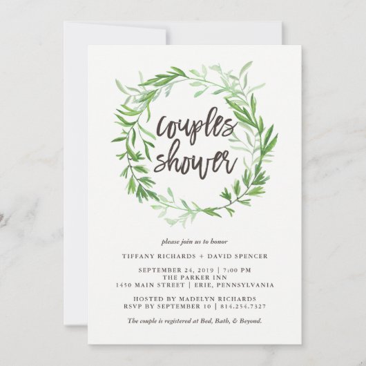 緑の植物の葉のリースのカップルのシャワー 招待状 (正面)