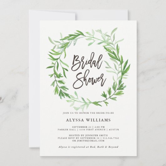 緑の植物の葉のリースのブライダルシャワー 招待状 (正面)