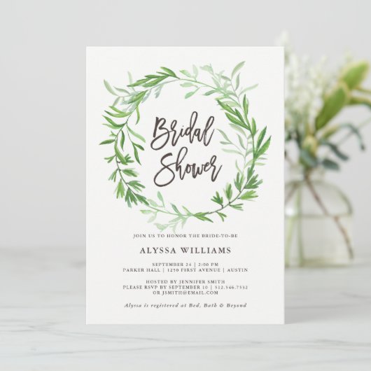 緑の植物の葉のリースのブライダルシャワー 招待状 (スタンド正面)