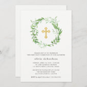 緑の植物の葉のリースの最初聖餐式 招待状 (正面/裏面)