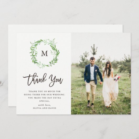 緑の植物の葉のリース|の写真の結婚式 サンキューカード (正面/裏面)