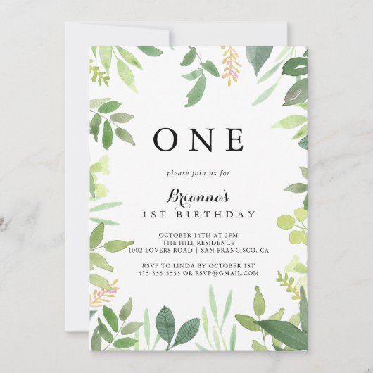 緑の植物の葉の最初の誕生日パーティー 招待状 (正面)