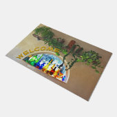 緑の植物を持つウェルカムハーフムーンウィンドウ ドアマット (アングル)