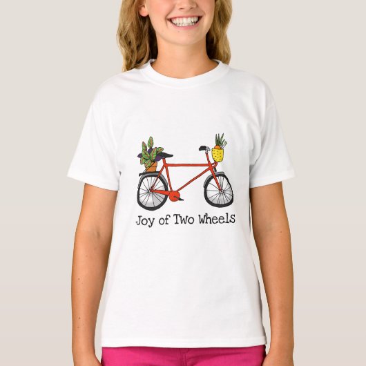 緑の植物を持つ赤い自転車（二輪の喜び） Tシャツ (正面)