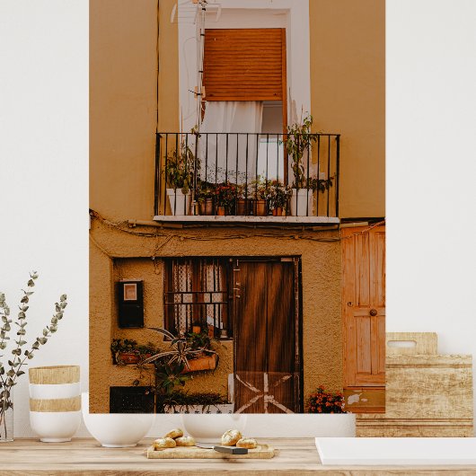 緑の植物を有する茶色の木製窓枠 ポスター (キッチン)