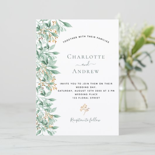 緑の植物セージ緑の金ゴールド結婚ズ 招待状 (スタンド正面)