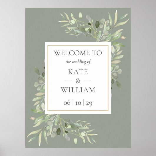 緑の植物セージ緑結婚の歓迎サイン ポスター