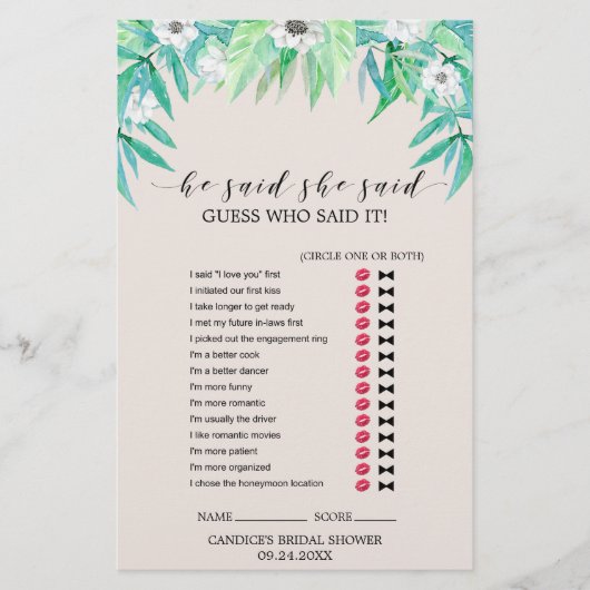 緑の植物リース"彼は彼女が言った"ゲーム チラシ (正面)