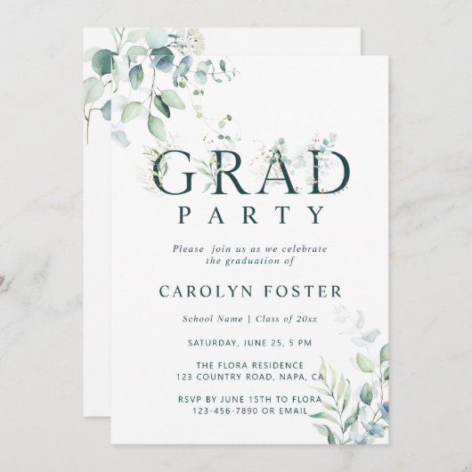 緑の植物学の手紙の卒業パーティーの写真 招待状 (正面/裏面)