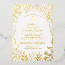 緑の植物学エレガントの男女兼用洗礼 箔招待状