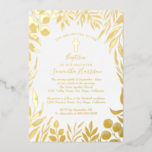 緑の植物学エレガントの男女兼用洗礼 箔招待状 (正面)
