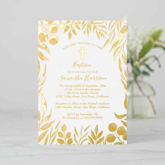 緑の植物学エレガントの男女兼用洗礼 箔招待状 (立ち正面)
