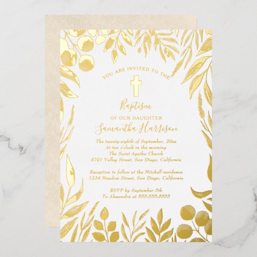 緑の植物学エレガントの男女兼用洗礼 箔招待状 (正面/裏面)
