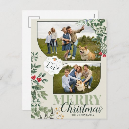緑の植物学メリークリスマス2家族写真 シーズンポストカード (正面/裏面)