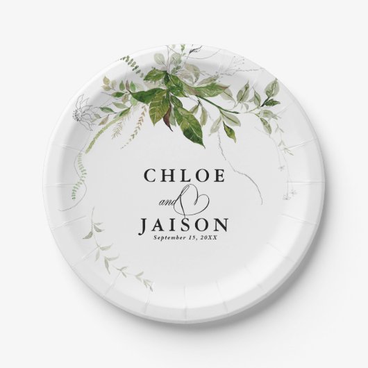 緑の植物学水彩書結婚道 ペーパープレート (正面)