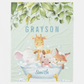 . .緑の植物性かわいい赤ん坊の動物を桶に フリースブランケット (正面)