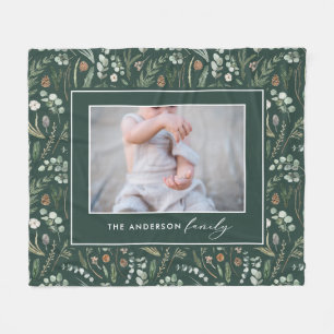 緑の植物性エレガントモダン家族写真 フリースブランケット